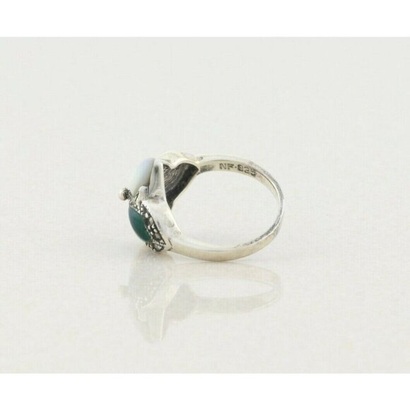 Sterling Silver Mother of Pearl, Green Onyx and Marcasite Ring Size 7 - Picture 6 of 7